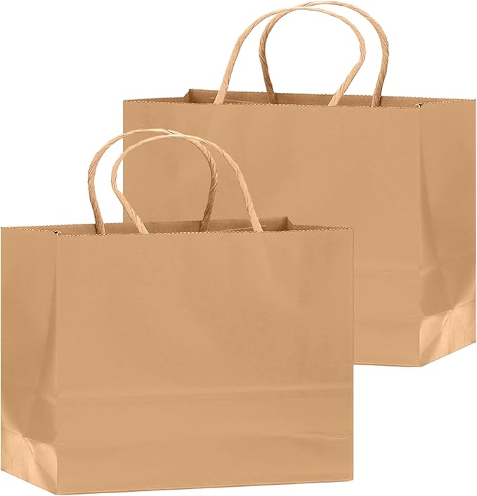 qiqee 50-Packs Brown Paper Gift Bags with Handles Bulk 12.6"x4.3"x10" Wide Large Size Party Favor Bags Multiple Uses