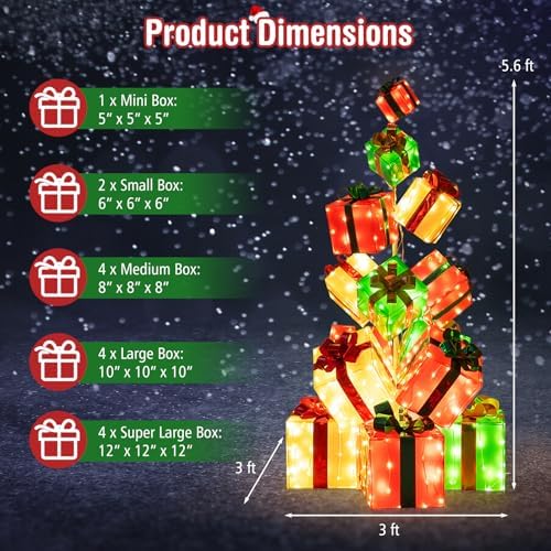 tangkula 5.6 ft christmas lighted gift box tower showing dimensions