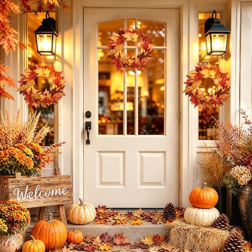 aneco 12 pcs fall wreath 16’’ thanksgiving maple, close-up detail