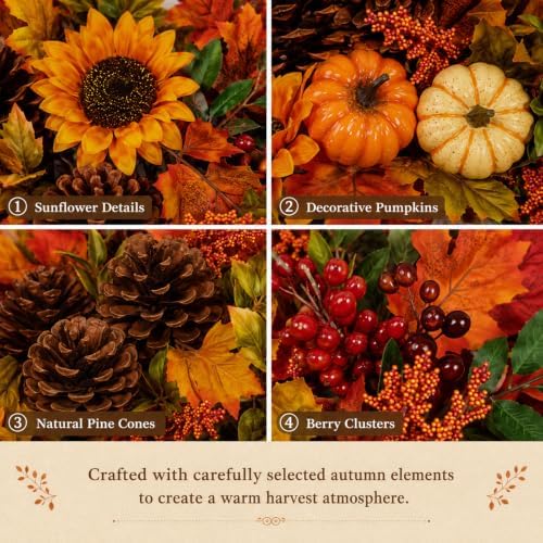 28 inch large fall sunflower wreath for front showing dimensions
