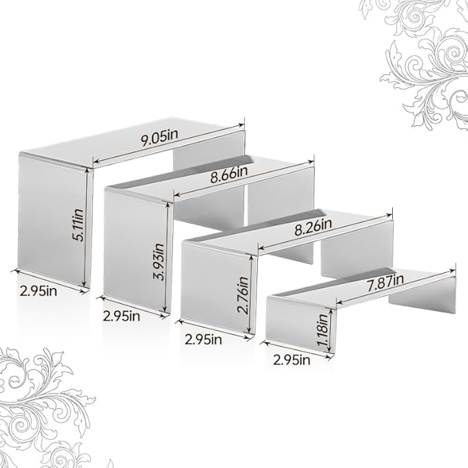 4 Pcs Silver Stainless Steel Display Risers, Display Stand for Display Cupcake Dessert Perfume Purse Handbag Shoe Jewelry and Funko Pop