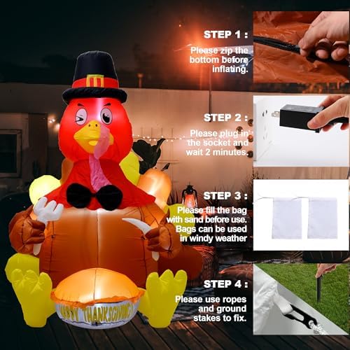 6ft thanksgiving inflatable turkey decoration, blow up turkey on a desk or shelf