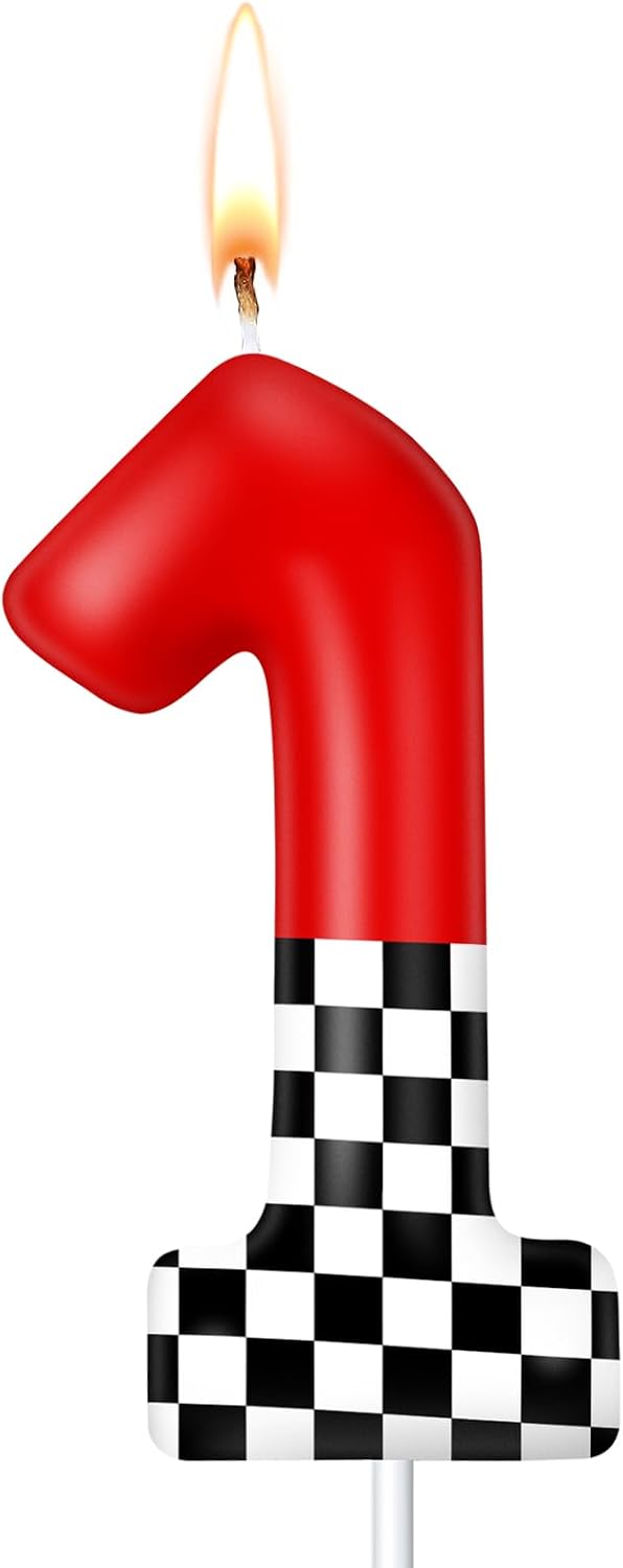 MTLEE Racing Car Themed Birthday Candle Number 1 Red and Checkered Candle Party Decoration Cake Topper for Race Car Party Supplies