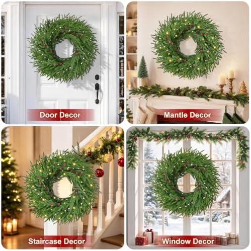 26'' christmas wreath with lights for front door showing dimensions
