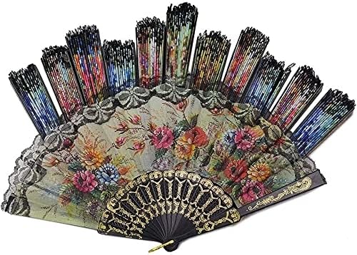 HUNANBANG 1 Dozen 12 Pieces Folding Hand Fans Church Wedding Gift, Party Favors, DIY Decoration Gift Size9 Wholesale 12pack (Flower)