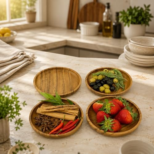 acacia round wood plates, set of 4, 8 on a desk or shelf