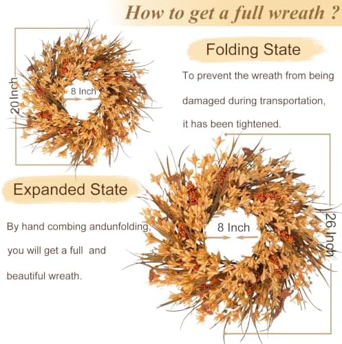 26" large fall wreath for front door, autumn, side view