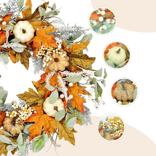 24in pre-lit front door fall wreath,for thanksgiving home, close-up detail