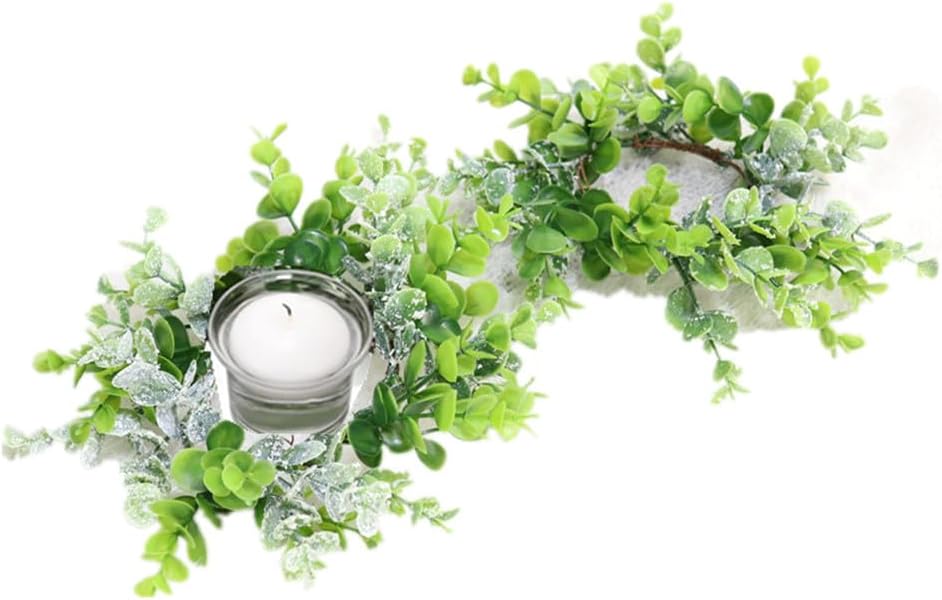Candle Rings 3" Center Eucalyptus Candle Ring Artificial Mini Wreath Pillar Candle Holder Twig Spring Candle Wreaths for LED Candles Birthday Wedding Dinning Party or Easter Fireplace Decor (2, Green)