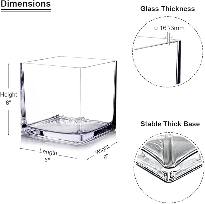 Enova Floral Cube Glass Vase - 6 x 6 Inch Square Vases with Floating Candle Holders, Perfect for Wedding Centerpieces and Home Office Decor - Set of 1