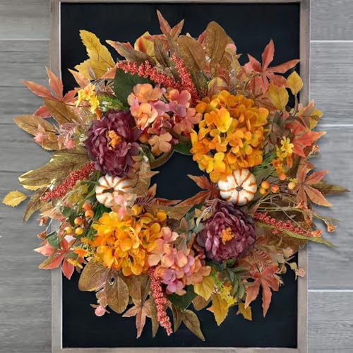 wanna-cul 24 inch fall harvest front door wreath on a desk or shelf