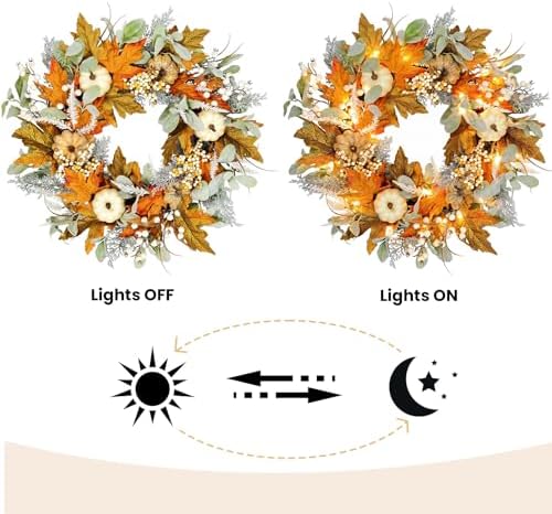 24in pre-lit front door fall wreath,for thanksgiving home showing dimensions