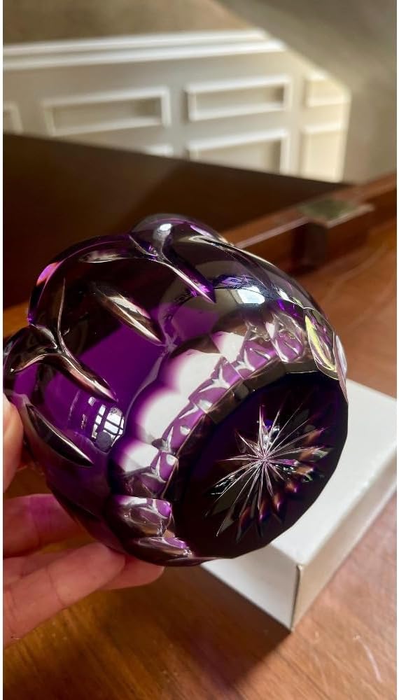 Crystal Purple Cut to Clear Rose Bowl Flower Vase Candleholder