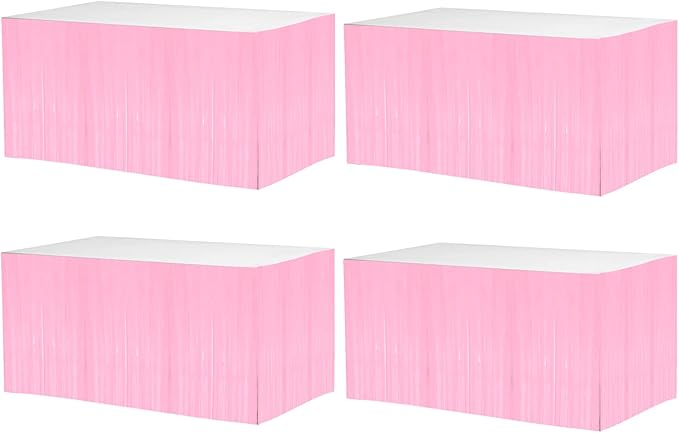 4 Pack 29x108 Inch Metallic Foil Fringe Tinsel Table Skirts for Rectangle Tables Streamer Backdrop for Wedding, Birthday, Parade Floats, Christmas, Halloween Party Decoration(Macaron Pink)