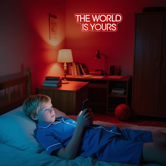 The World is Yours Neon Sign,Red Dimmable LED Light Signs for Wall Art Decor,Backdrop for Cinema Bedroom Club Party Man Cave,Gift for Boys Teen Men USB Powered（14.2"*5.5"）
