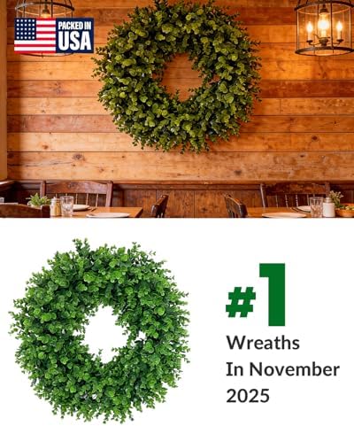 24" artificial boxwood wreaths for front door, aux showing dimensions