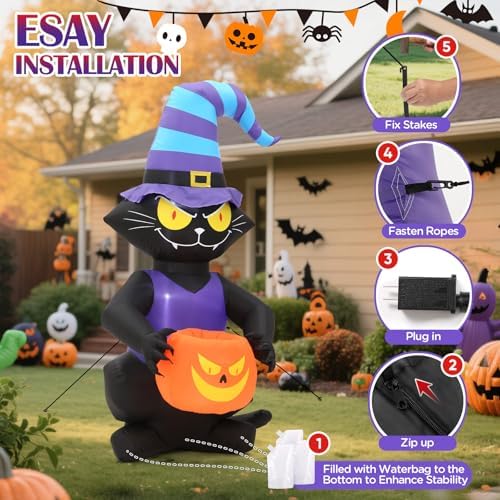 6ft halloween inflatable black cat, lighted yard decoration, close-up detail