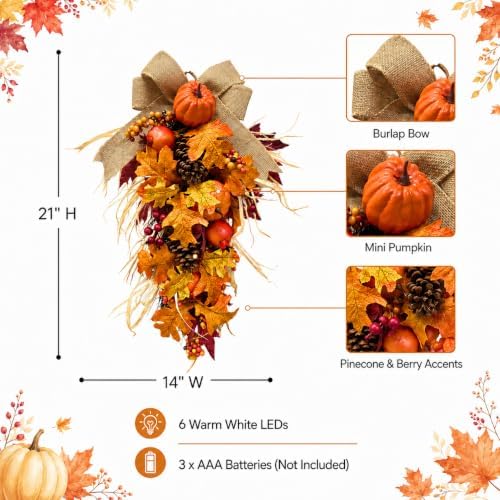 21 inch lighted fall teardrop swag with pumpkins shown in use