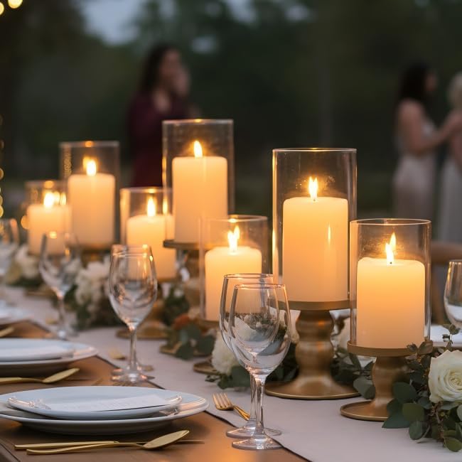 NITIME 4Pcs Hurricane Candle Holder for Pillar Candles, Gold Candle Holders with Clear Glass Sleeve for Table Centerpieces,Pillar Candle Holders for Home Decor, Wedding, Holiday and Party Decor