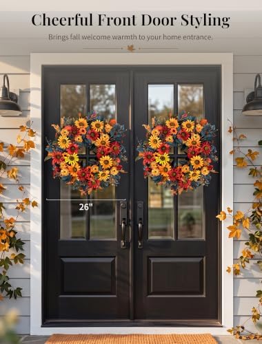 nuptio fall wreath for front door: 26 inch showing dimensions