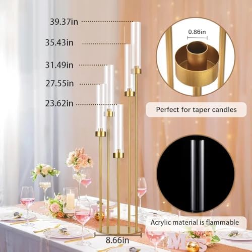 2PCS Gold Floor Candelabra,5 Arm Candle Holder Tall Floor Candle Holder with Acrylic Lampshade for Wedding Table Birthday Party Home Decoration Fit LED Taper Candles