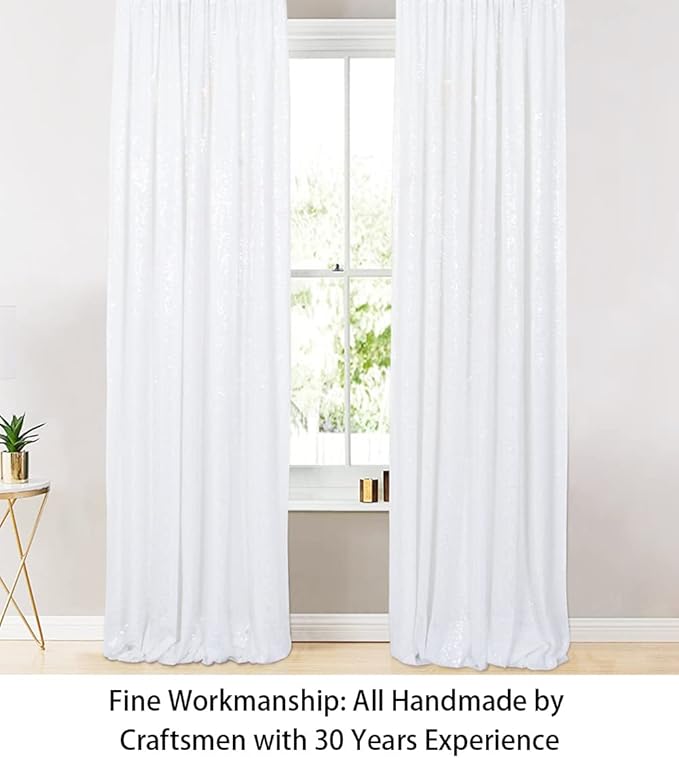 ShinyBeauty Sequin Curtains 2 Panels White 2FTx8FT Sequin Photo Backdrop White Sequin Backdrop Curtain Pack of 2-1011E