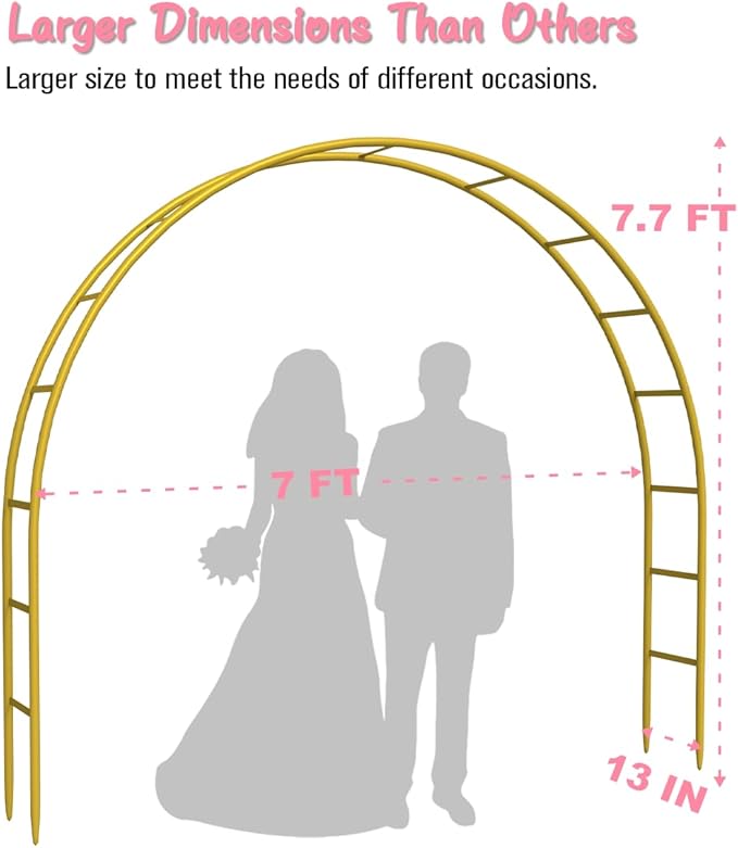 Queension Metal Arch Backdrop Stand 7Ft Wide 7.7Ft High, Wedding Arch Frame for Wedding Decorations, Balloon Arch Stand with Base for Ceremony, Outdoor Garden Arch Trellis for Climbing Plants, Gold