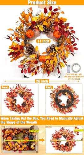 26 inch large foldable fall wreath for front, side view