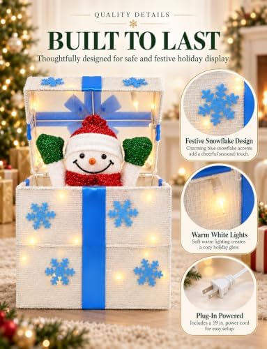 christmas decorations outdoor, lighted pop-up snowman gift box, front angle view