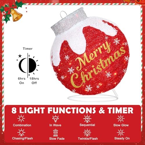 outdoor christmas ball ornaments, pop up lighted ball, close-up detail
