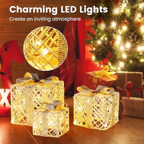 tangkula set of 3 lighted box, pre-lit festive, close-up detail