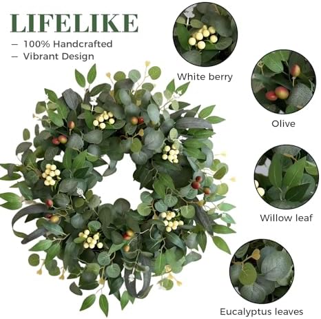 22-24" eucalyptus wreaths for front door,spring summer fall, close-up detail