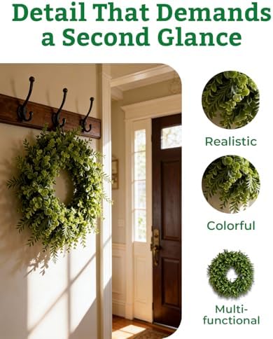 24" artificial boxwood wreaths for front door, aux, package contents