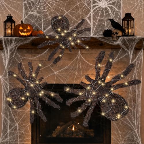 halloween rattan woven fake spider decor with string, side view