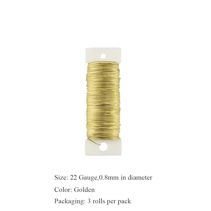HAHIYO 22Gauge Golden 3Roll Total 115Yards(345Feet) Metal Floral Wire Flexible Paddle Wire for Crafts Christmas Wreaths Tree Flower Arrangement Bouquet Wrapping Wedding DIY