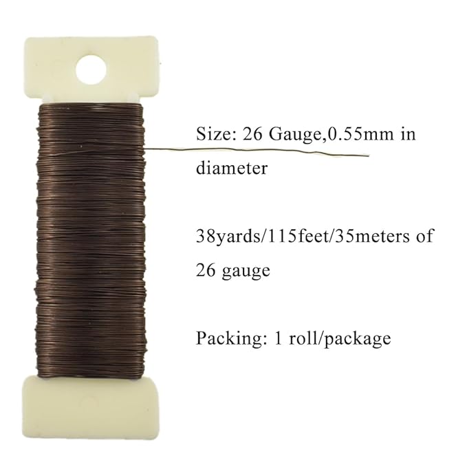 HAHIYO 26Gauge Coffee Color Metal Floral Wire - 1 Roll, 38 Yards (115 Feet) - Flexible Paddle Wire for Craft, Christmas Wreath, Flower Arrangement, Bouquet Wrapping, Wedding, DIY