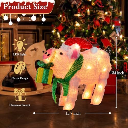15" lighted christmas pig, 3d pre‑lit indoor outdoor, close-up detail