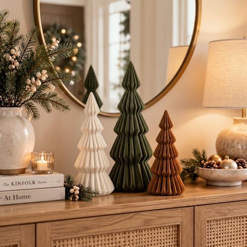 set of 3 velvet ceramic christmas tree decor shown in use