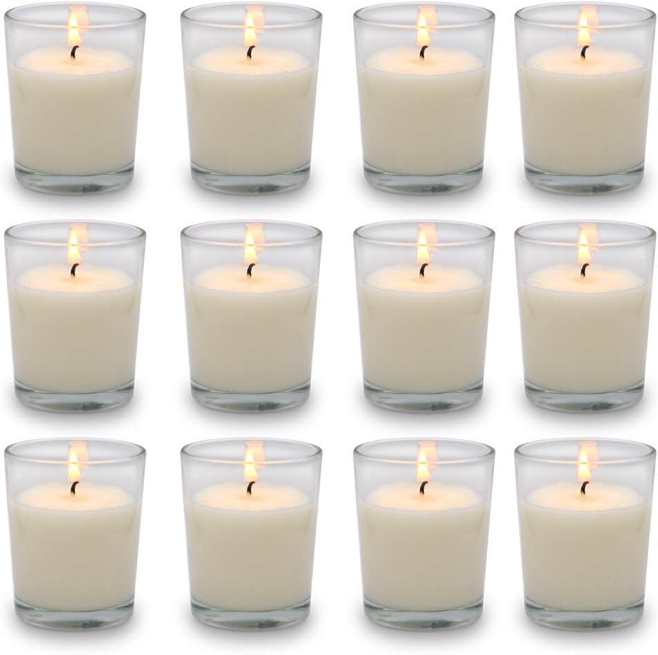 Set of 12 White Votive Candles Clear Glass Filled Unscented Soy Wax Candle for Home Décor Spa Weddings Birthday Holidays Party and DIY