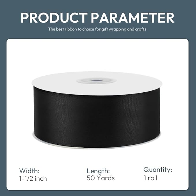 KMER LIFE 1-1/2" Wide x 50 Yards Black Single Faced Polyester Satin Ribbon, Black Satin Ribbon Perfect for Wedding Decor, Wreath, Crafts, Gift Wrapping & Other Projects (Black)