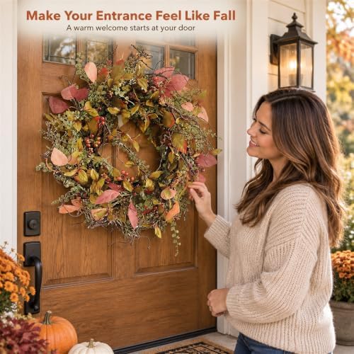 26 inch fall wreath for front door artificial showing dimensions