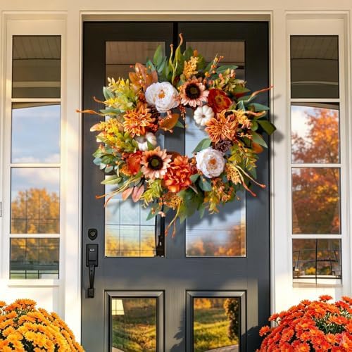 24 inch harvest fall wreaths for front door, close-up detail