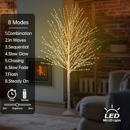 6ft lighted birch tree with 880 led warm, side view