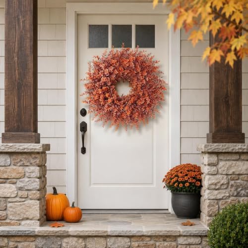 26" artificial fall eucalyptus wreath for front door, side view