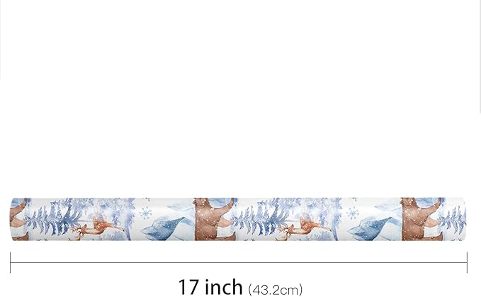 LeZakaa Christmas Wrapping Paper Roll, Winter Forest Animal Gift Wrap with Deer Bear Rabbit Snowflake Design, Watercolor Style, for Xmas Presents Family Gatherings, Holiday, Mini Roll 17 in x 16.4 Ft