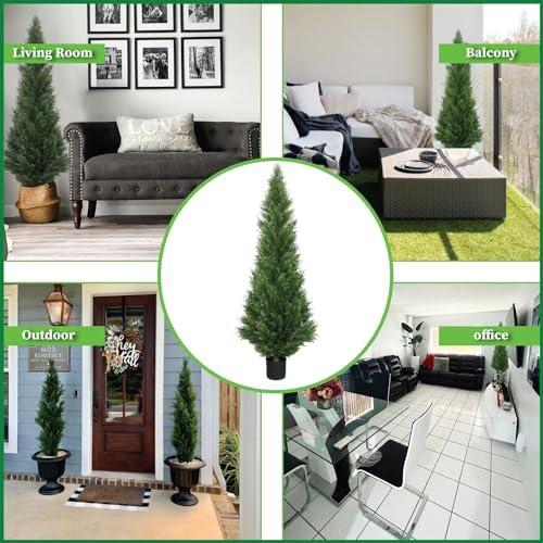 two 5 foot outdoor artificial cedar topiary trees on a desk or shelf