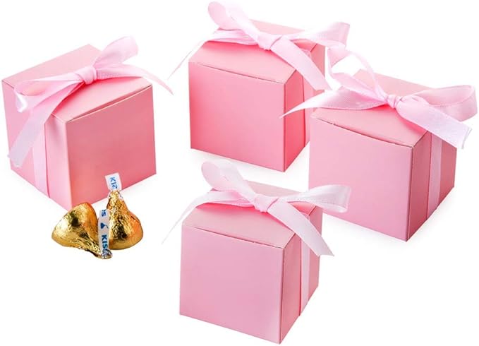 AWELL Pink Gift Candy Box Bulk 2x2x2 inches with Pink Ribbon Party Favor Box,Pack of 50
