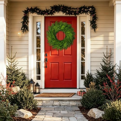 26" large cedar norfolk pine wreath for front, side view