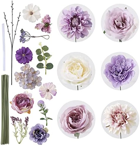 Floweroyal Artificial Flowers Combo Purple Flowers Mix Silk Flowers Dahlia Roses with Stems for DIY Wedding Bridal Bouquets, Baby Shower, Floral Arrangement, Table Centerpieces, Home Decorations.