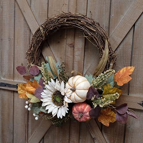 12" fall harvest pumpkin and sunflower wreath, side view